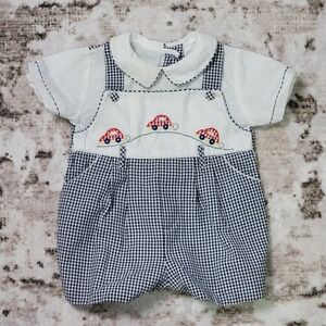 Vintage Carter's Baby Romper 3M Gingham Shortall Cars Embroidered Retro Outfit